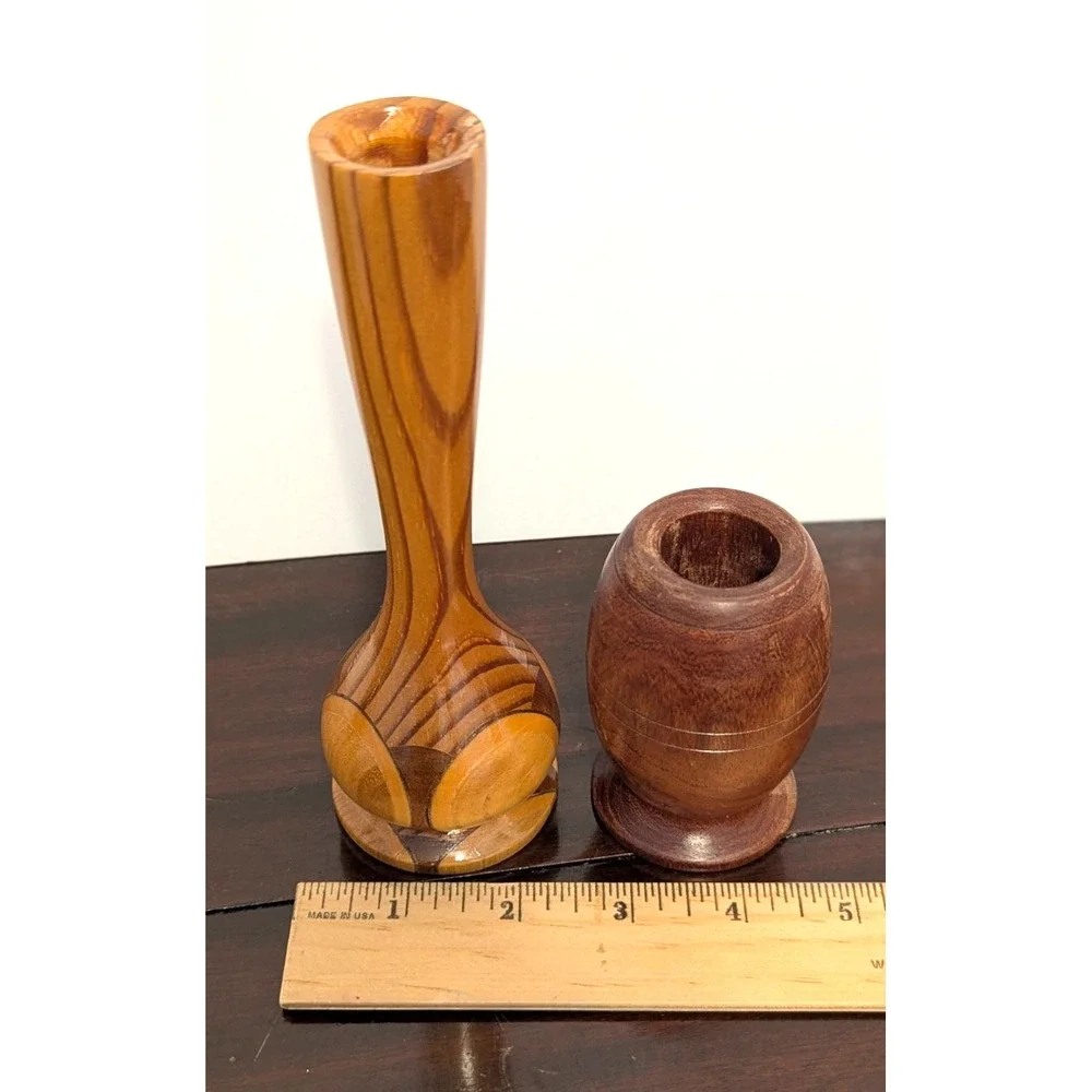 Vintage Hand Turned Wood Bud Vases MCM Inlaid Geometric Small Wood Vase 2pc